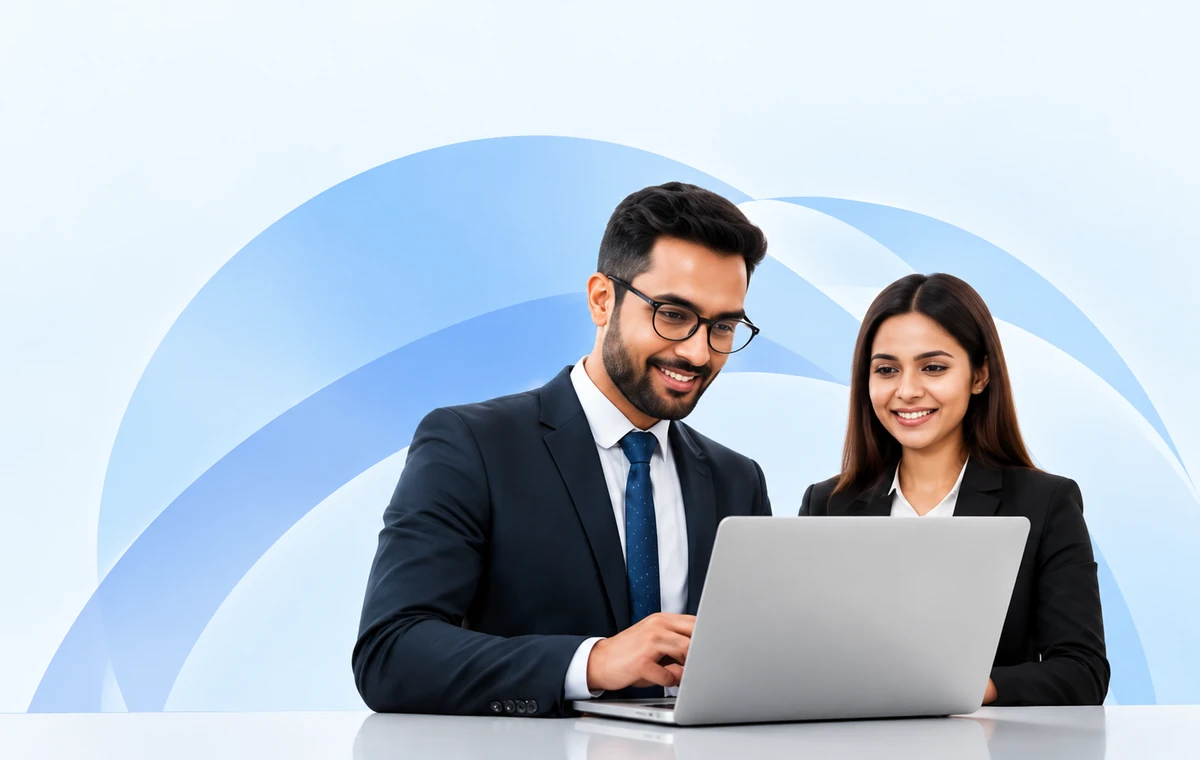 Two recruitment professionals reviewing candidate profiles on a laptop