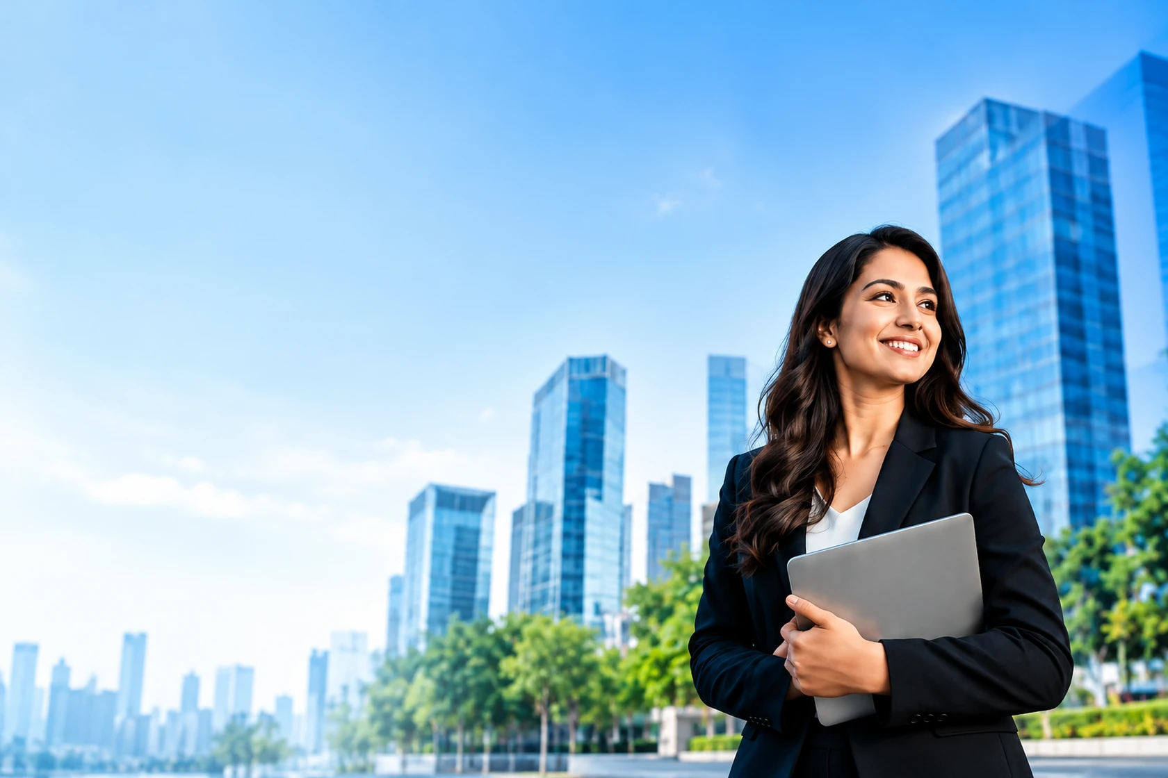 Smiling professional holding a laptop in front of city office buildings